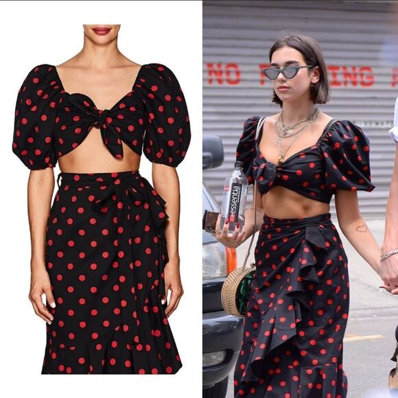 Marianna Senchina Two-Piece Black Polka Dot Bow Top Ruffled Midi Skirt Size M - Picture 3 of 15